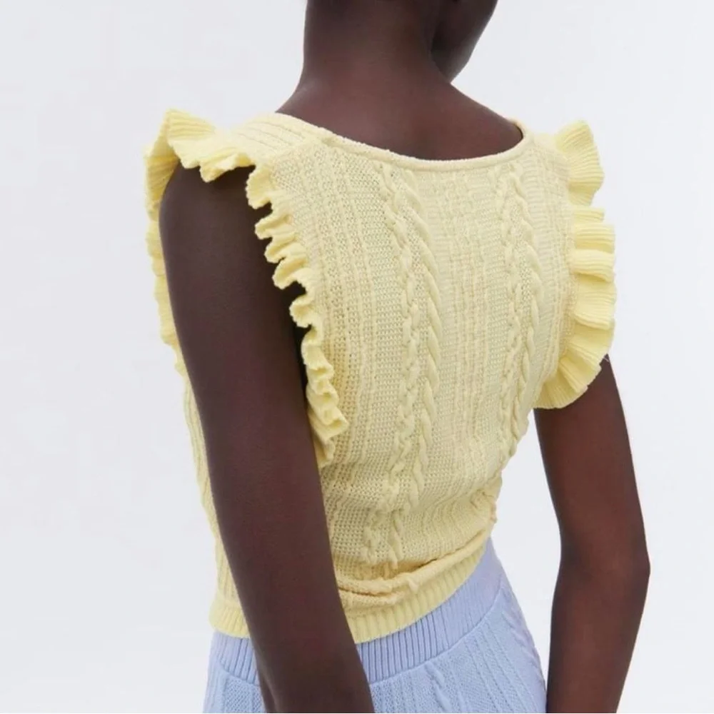 NWT | Zara Canary Yellow Cable Knit Ruffled Crop Top - Picture 3 of 4